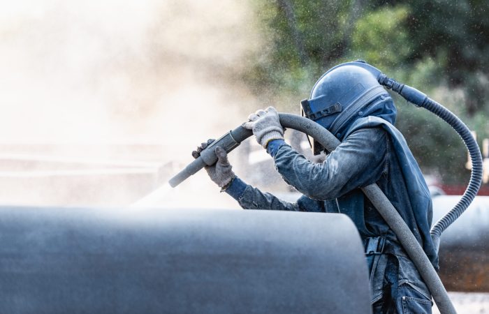 Sand Blasting Process Industial Worker Using Sand Blasting Process Preparation