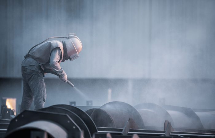 Sand Blasting Process Industial Worker Using Sand Blasting Process Preparation